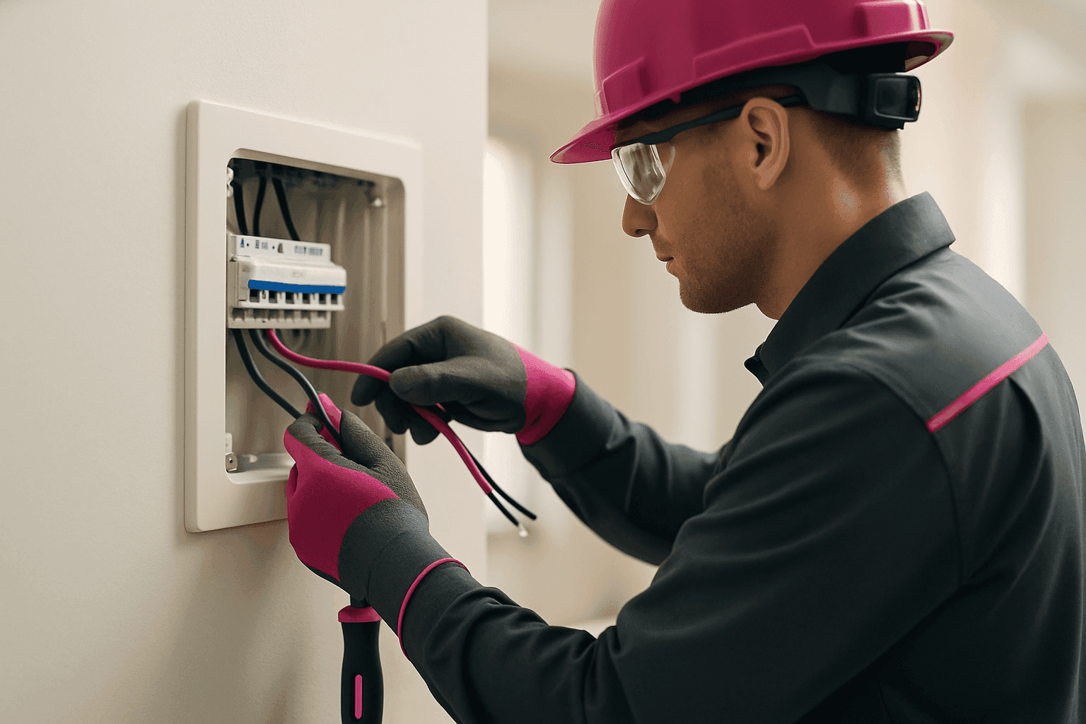 Electrician wearing PPE handling electrical wiring at a clean residential or commercial site