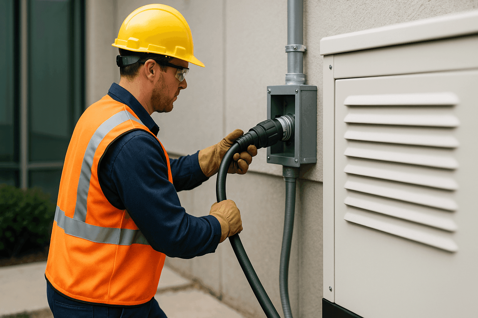 Electrician installing backup generator outside commercial building