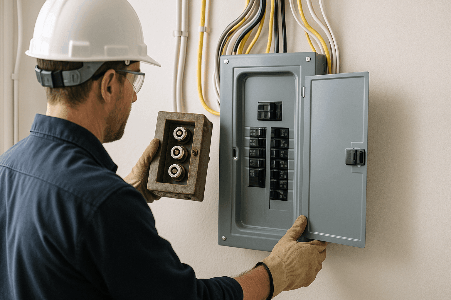 Electrician replacing old electrical panel with modern breaker box