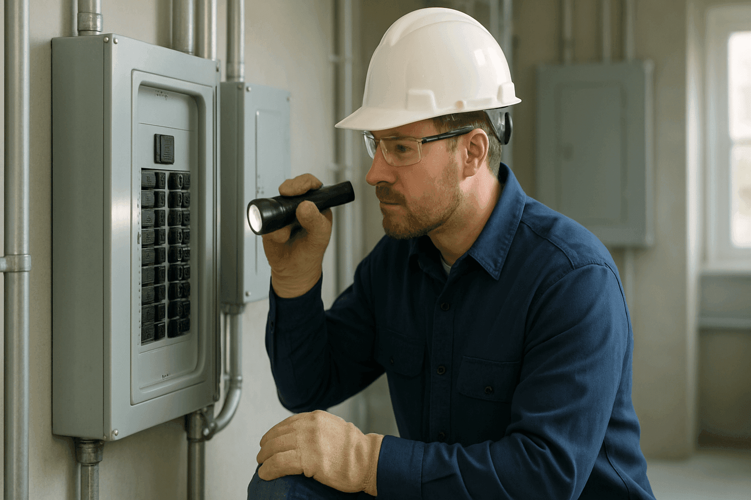 Electrician inspecting residential circuit breaker panel during emergency