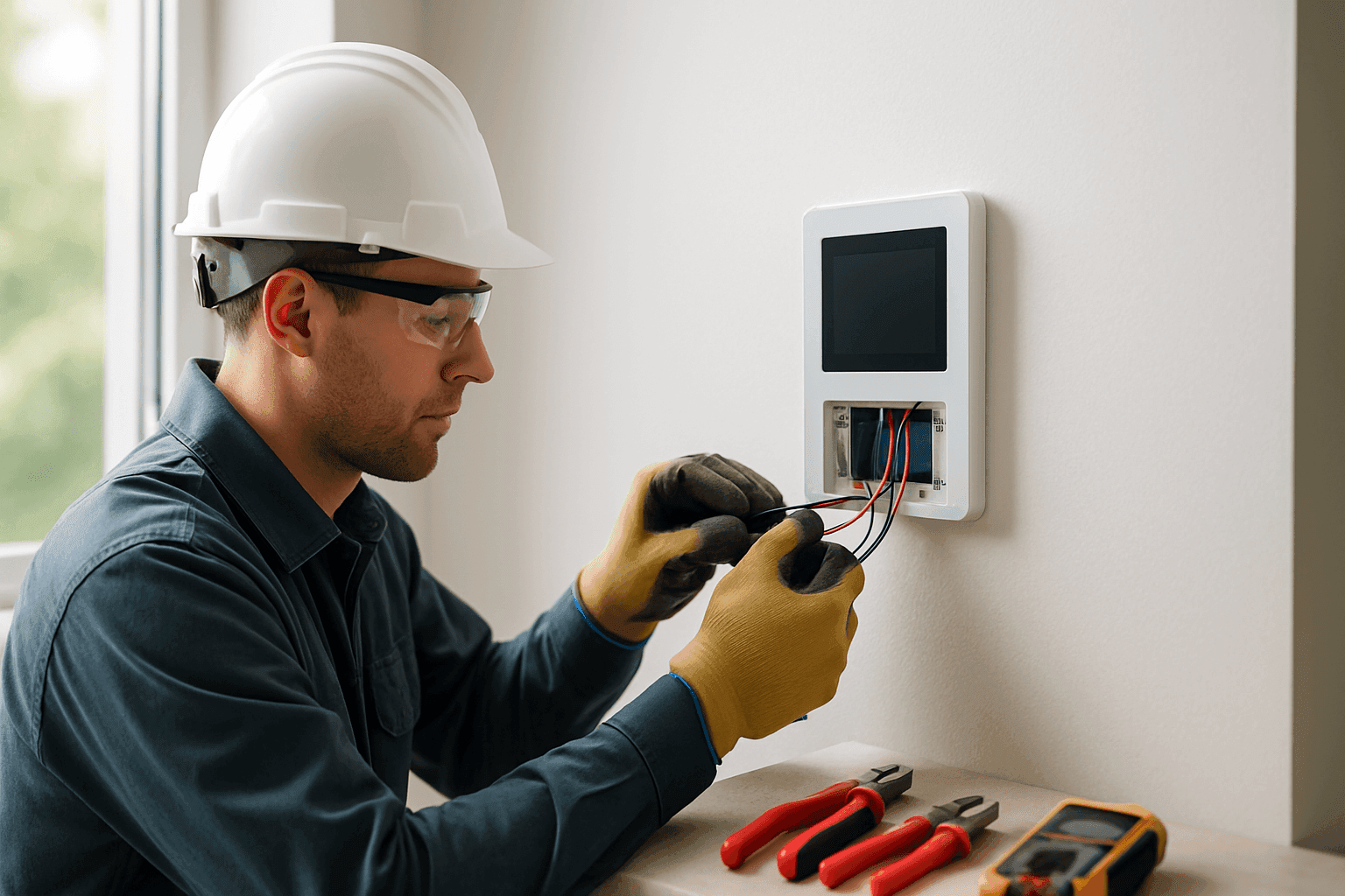 Electrician installing smart home automation control panel