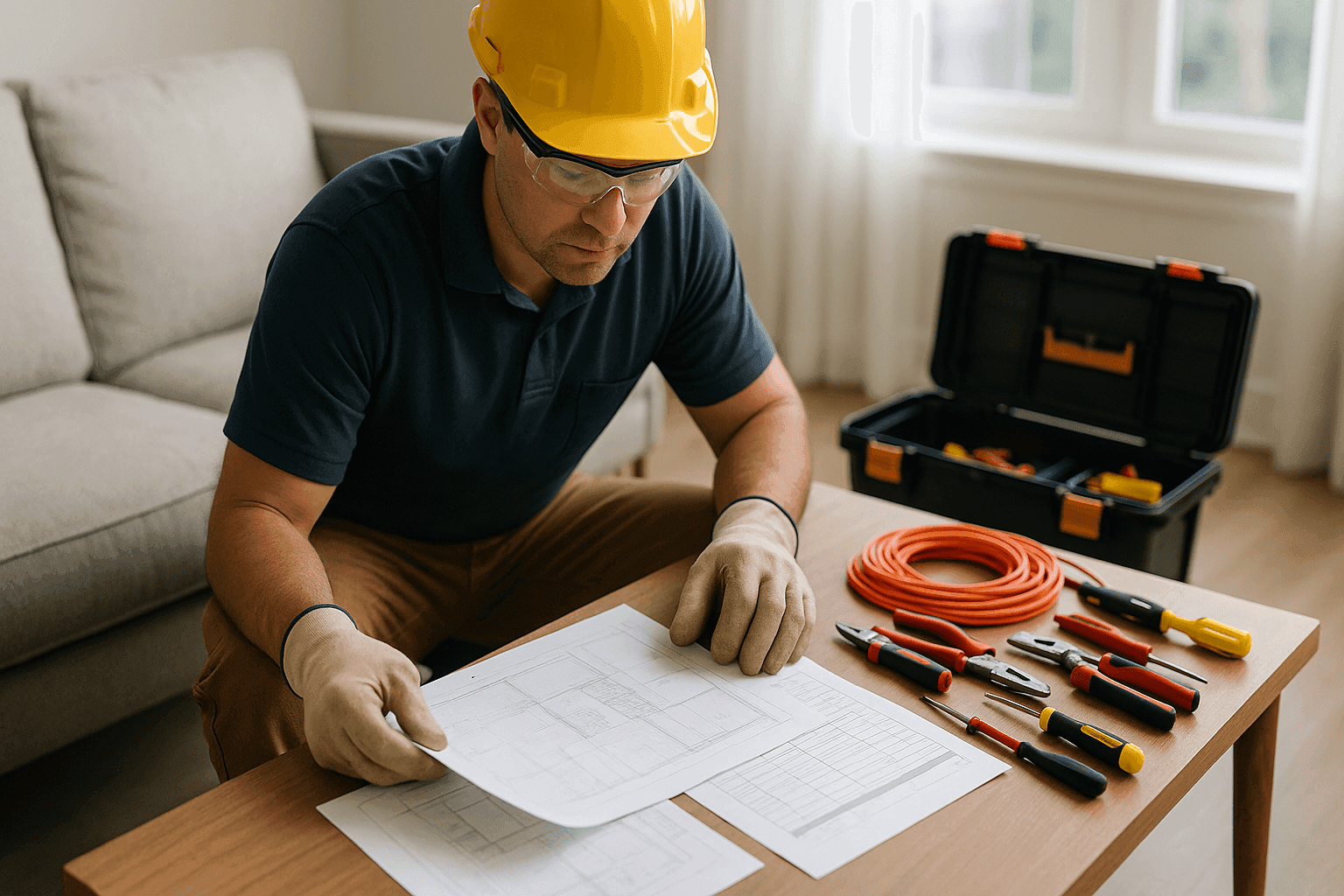 Electrician estimating rewiring costs in residential living room