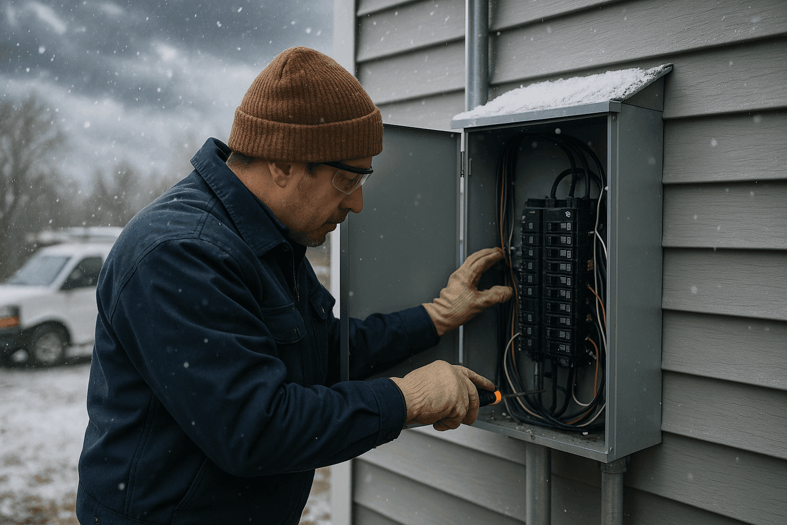 Homeowner checking outdoor electrical panel in snowy winter weather
