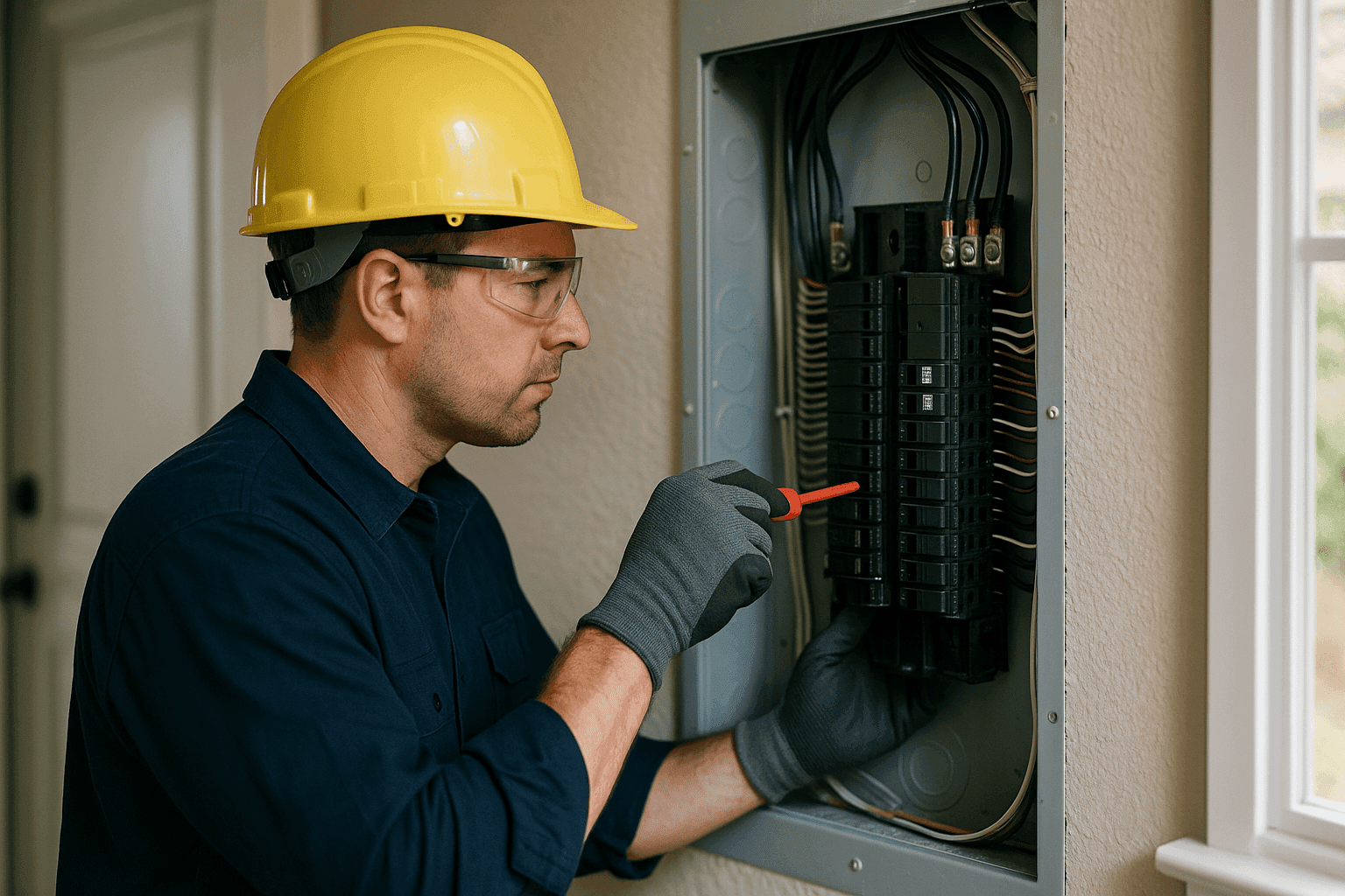 Electrician upgrading home electrical panel with modern circuit breakers