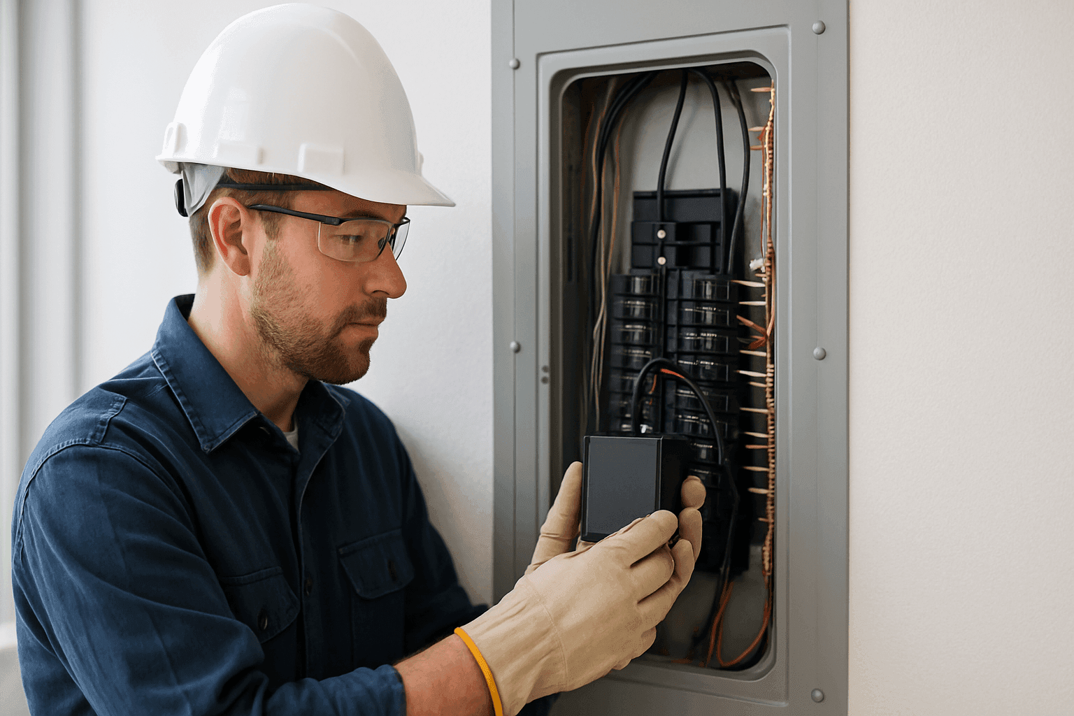 Electrician installing surge protector in main electrical panel